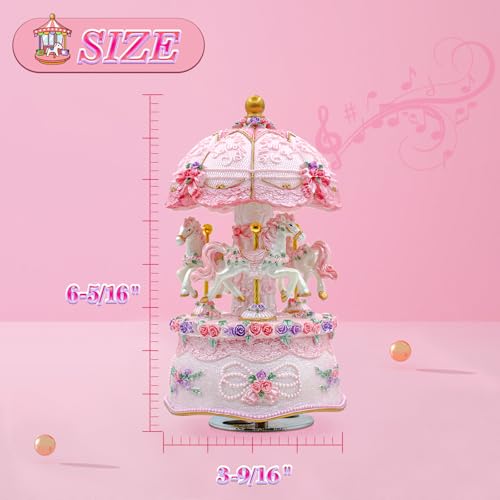 Carousel Music Box,Luxury Color Change LED Light ,Luminous Rotating 3-horse | Luminous Music Box, musical box with Gift Box for Girls Birthday Valentine Gift (Castle in the Sky, Pink) - color: Pink, style: Castle in the Sky