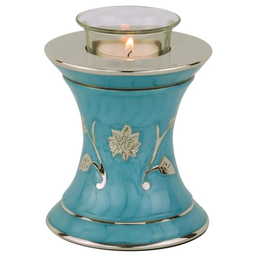 Grace Turquoise Tealight Cremation Urn for Ashes, Brass Memorial Candle, Blue Green, Extra Small Size, 5.5 Inches High - color: Turquoise