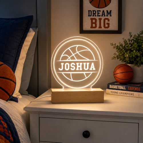 MIRROR MANIA Personalized Basketball LED Night Light – Custom Name Acrylic Lamp with Soft White LED, Wooden Base, Kids Bedroom Decor, Basketball Player Gift, Made in USA