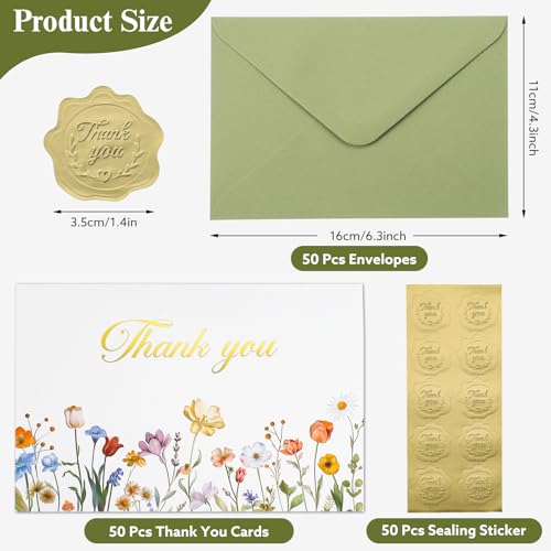 Thboxes 50 Pack Thank You Cards with Envelopes, Teacher Thank You Card Bulk - style: Flowers