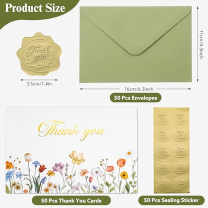 Thboxes 50 Pack Thank You Cards with Envelopes, Teacher Thank You Card Bulk - style: Flowers