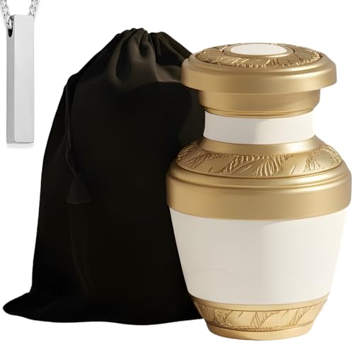 Keepsake Mini Urn for Human Ashes Adult Male & Female Funeral & Cremation Small Urns for Human Ashes Set of 1 Keepsake & 1 Ash Necklaces for Men & Women - color: White & Gold Mini Keepsake