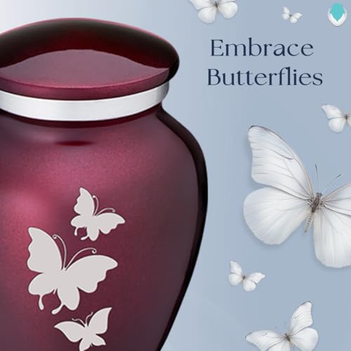 Embrace Keepsake Personalized Butterfly Cremation Urns for Human Ashes I Cherry Purple Funeral Urn for Men and Women with Double Side Engraving I 3.5 lbs - color: Cherry Purple