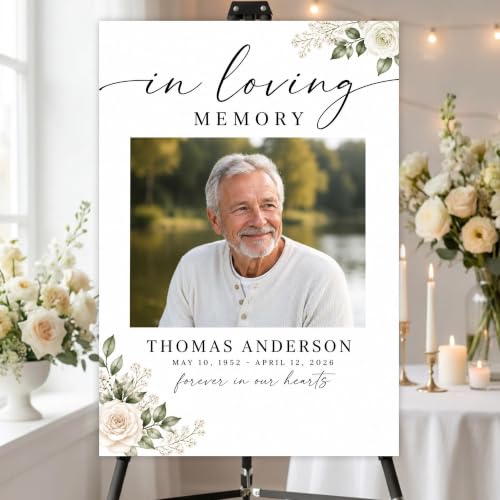 Custom Floral Celebration of Life Welcome Sign w/Photo for Memorial Funeral | Personalized Minimalist In Loving Memory yard sign. Weather-resistant corrugated plastic decor. Add custom photo, name, dates - color: Sign10