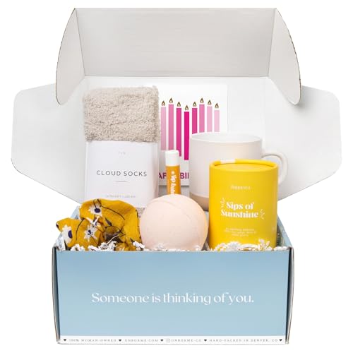 Unboxme Sunshine Gift For Women | Self Care Package with Herbal Tea, Mug, Bath Bomb, Candle, Fluffy Socks, Lip Balm, Sheet Mask, Scrunchie & Happy Birthday Card - color: "Happy Birthday" Card