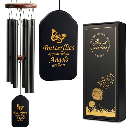 Personalized Memorial Wind Chimes for Loss of Loved One, Personalized with Text, Name & Date Sympathy Gifts for Loss of Loved One, Bereavement Memorial Gifts, Outdoor Chimes, 37" Custom Windchime - color: Butterfly Remembrance- Black