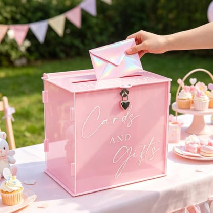 Acrylic Card Box with Lock & Slot, Macaron Pink Money Gift Card Box for Baby Shower Reception, Cash Envelope Box for Quinceanera Graduation Bridal Shower Wedding & Anniversary Party Supplies - color: Macaron Pink