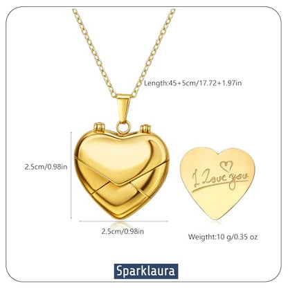 Gold Locket Necklace for Women Vintage, Heart Star Moon Butterfly Angel Holds Picture Photo Oval Locket Pendant Memorial Necklace Personalized Celestial Jewelry Birthday Gifts - style: Heart Envelope