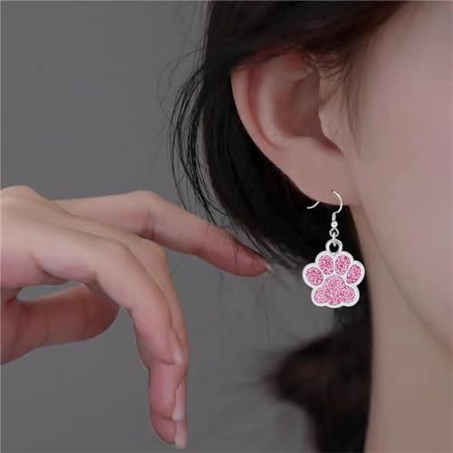 Dreuyet Paw Necklace and Earrings Set for Women Glitter Cute Dog Cat Pet Paw Print Pendant Necklace Earrings Lovely Animal Charm Jewelry Set Gifts - color: Silver Pink