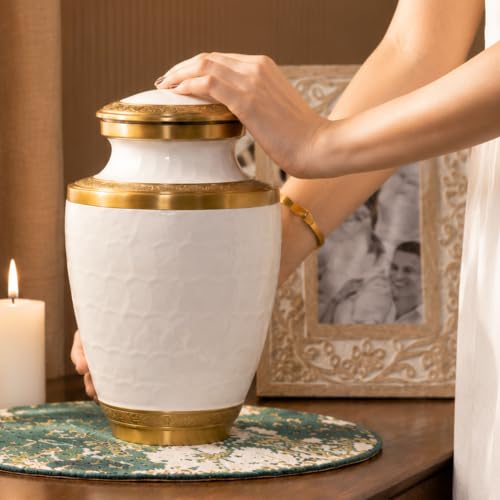 Urn Human Ashes Adult Male/Female,Creamation Urn for Human Ashes Adult Man/Women,200+ Cubic inch Capacity,Decorative Burial Urn, Funeral Cremation Urns_ Trinity 10x6.5 Pearl White Gold