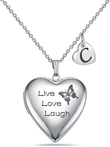 MUERDOU Butterfly Locket Necklace that Holds Pictures Initial Alphabet Letter Heart Shaped Photo Memory Locket Pendant Necklace - style: C