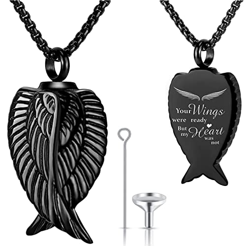 YOUFENG Fishing Hook Urn Necklace for Ashes Stainless Steel Cremation Jewelry Always in My Heart Ashes Necklaces Memorial Keepsake for Men - color: Black Angel-Wing