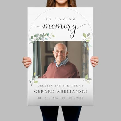 Personalized In Loving Memory Welcome Sign With Photo - Custom White With Eucalyptus Leaves Funeral Welcome Sign - Customized Sign Perfect For Celebrating The Life Of Your Late Loved One - color: Sign 5