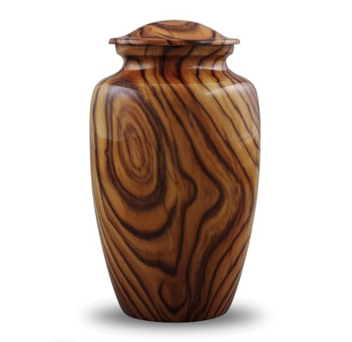 Walnut Grain Print Cremation Urn – Full Size Metal Urn with Teak Wood Finish – Adult Memorial Urn for Human Ashes up to 200 lbs – Funeral Urn for Men and Women with Velvet Bag (Large)