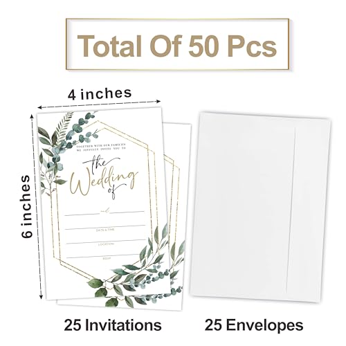 Greenery Wedding Invitations, 25 Eucalyptus & Golden Geometry Wedding Invites With Envelopes, Fill In Style Invites For Newlyweds Mr & Mrs Celebration - A04 - color: The wedding of