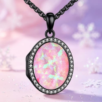 ONEFINITY Locket Necklace Photo Necklace Memorial Jewelry Gifts for Women Mom Wife - color: black-Pink Opal