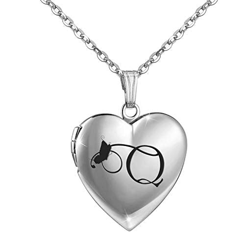 MUERDOU Butterfly Locket Necklace that Holds Pictures Initial Alphabet Letter Heart Shaped Photo Memory Locket Pendant Necklace - style: Q