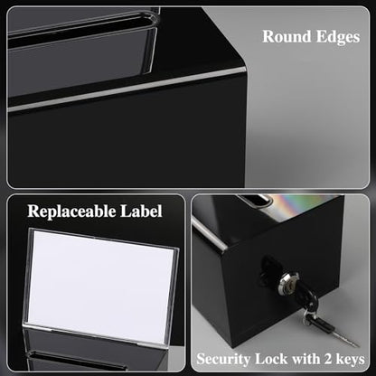 Acrylic Donation Box with Lock, Black Ballot Box with Sign Holder, 2 Pack Suggestion Boxes for Fundraising, Donation, Bar, School Voting, 6.2x4.6x3.9 Inch | Suggestion Box for Fundraising, Ballot Box with Slot for School, Donation, Bar, School Voting, 6.2