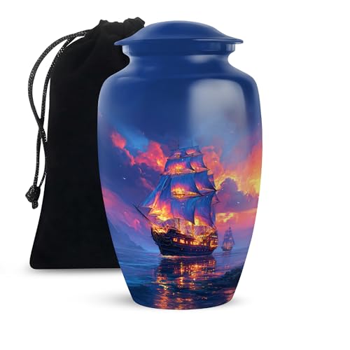 10 Inch Sailing Ship Cremation Urn for Human Ashes Men and Women - Blue Large Funeral Urns for Adults - Ocean Decorative Memorial Urn - Cloud Unique Ashes Container - color: Ship Blue Urn-1, size: 10 Inch