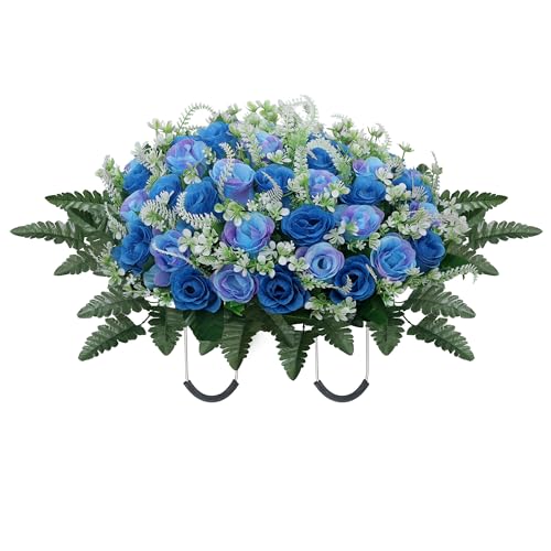 Headstone Flower Saddle,Large Artificial Cemetery Flowers for Grave,Cemetery Memorial Flowers for Outdoor Tombstone Decorations (Blue) - color: Blue