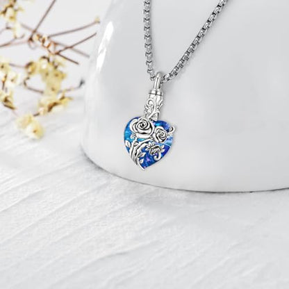 Urn Necklace for Ashes for Women/Men 925 Sterling Silver Cremation Jewelry w/Funnel Filler Memorial Jewelry Gifts - color: A-Rose (Blue Crystal), style: Non - Customized