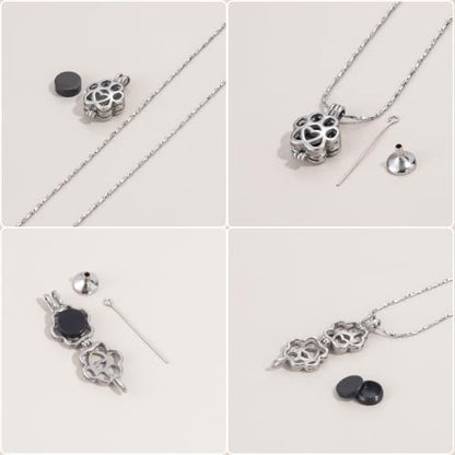 Paw Print Urn Necklace for Pet Ashes Stainless Steel Memorial Locket Cremation Jewelry Dog/Cat Keepsake Pendant with Mini Case Sympathy Gift for Pet Lovers Women Men - color: Silver-Black