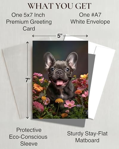 French Bulldog Puppy with Flowers All Occasions Greeting Card - Dog with Flowers from Unique Dogs Party Delights Collection - Large 5x7 Inch - Blank Inside with A7 Invitation Style White Envelope - color: French Bulldog Puppy with Flowers