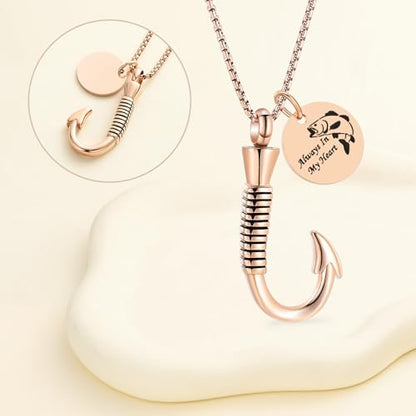Oinsi Fishing Hook Urn Necklace for Ashes Fish Cremation Jewelry Memorial Ashes Keepsake Stainless Steel Urn Keychain for Men - color: Rose Gold (Always In My Heart)