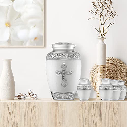 Reminded Set of 5 Engraved Cross Cremation Urns for Human Ashes - 1 Brass Adult + 4 Keepsake Token Size, White - color: White