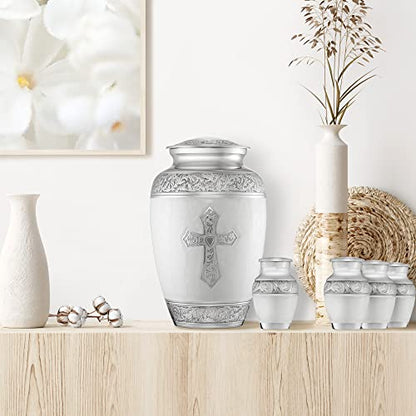 Reminded Set of 5 Engraved Cross Cremation Urns for Human Ashes - 1 Brass Adult + 4 Keepsake Token Size, White - color: White