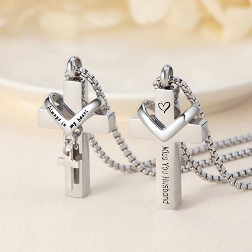 Cremation Cross Necklace for Ashes Cross Urns Locket Pendant Ashes Holder Stainless Steel Memorial Jewelry - style: Miss You Husband