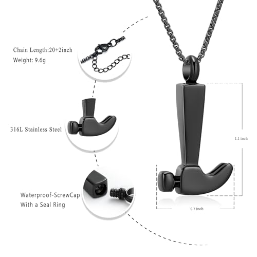 Oinsi Men's Cremation Jewelry Made Of 316L Stainless Steel Hammer Memorial Urn Necklace Pendant Keepsake Holder Jewelry For Ashes - color: A-Black