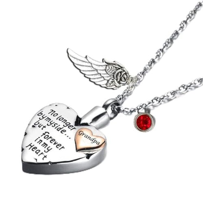 PREKIAR Heart Cremation Urn Necklace for Ashes Angel Wing Jewelry Memorial Pendant and 12 PCS Birthstones No Longer by My Side But Forever in My Heart - color: Grandpa
