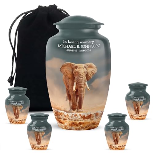 Elephant Urns Combo Personalised for Granda Ashes (1 Large, 4 Keepsake) | Grey Decorative Custom Message Small Urns for Grandparents Ashes Mini Urn - color: Elephant-5, size: 10 Inch & keepsake-4