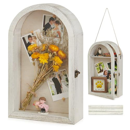 DGWJSU Shadow Box Frame 10x16 Large Shadow Boxes Display Cases with Linen Back and Removable Shelves, Picture Frame Wedding Bouquet Memorabilia Medals Photos Memory Box for Keepsakes (White) - color: White