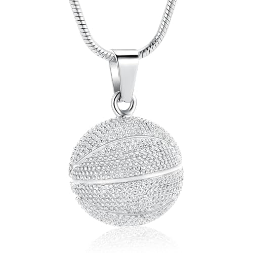 Basketball Urn Necklace for Ashes Sport Cremation Jewelry Stainless Steel Football Memorial Necklaces Ash Holder for Human Pets Keepsake Jewelry for Sport Lover Men with Fill Tool - color: Silver