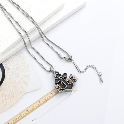 XSMZB Deer Antler Anchor Urn Necklace for Ashes Human Pet Fish Hook Cross Funeral Cremation Jewelry Keepsake Ash Pendant Memorial Necklaces - color: Silver-Black