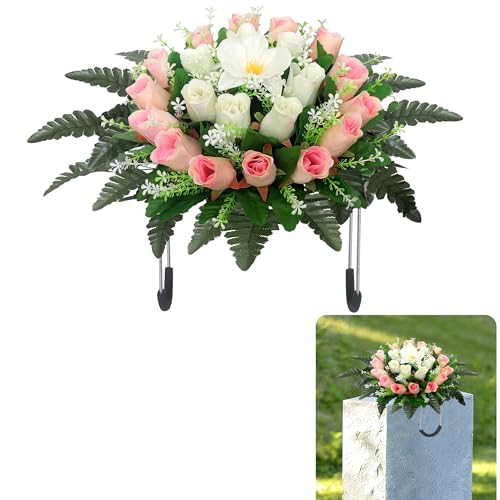Headstone Flower Saddle Artificial Cemetery Flowers for Grave Cemetery Flowers Saddle for Outdoor Grave DecorationsLight Pink - color: Light Pink
