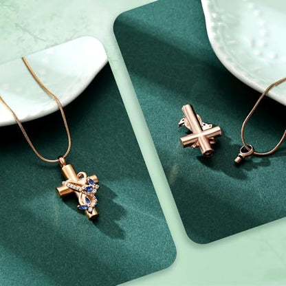 Butterfly Cross Cremation Jewelry Urn Necklaces Stainless Steel Cross Urn Necklaces for Ashes Memorial Keepsake Pendant for Women Gifts With Funnel Kit & Bag - color: Rose+Blue