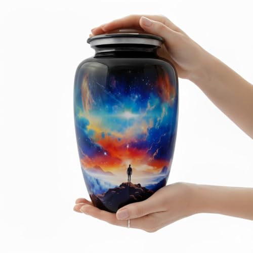 Premium Cremation Urn for Human Ashes Adult - Large 200 Cu in Metal Urn for Men with Secure Threaded Lid - Galactic Sky Decorative Memorial Urn for Burial Funeral Keepsake