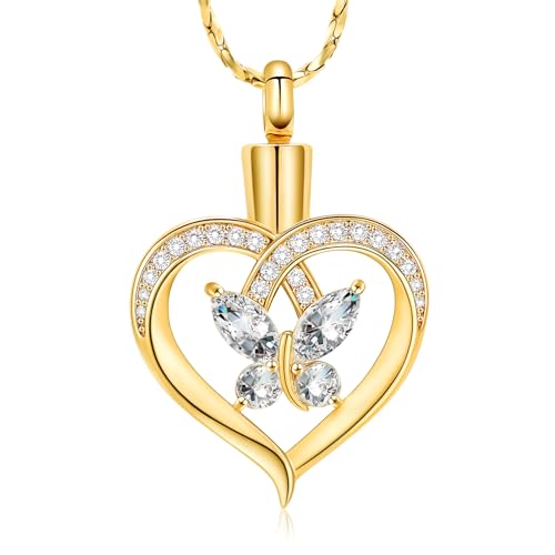 Imrsanl Butterfly Heart Pendant Cremation Urn Necklace for Women - color: Gold-White