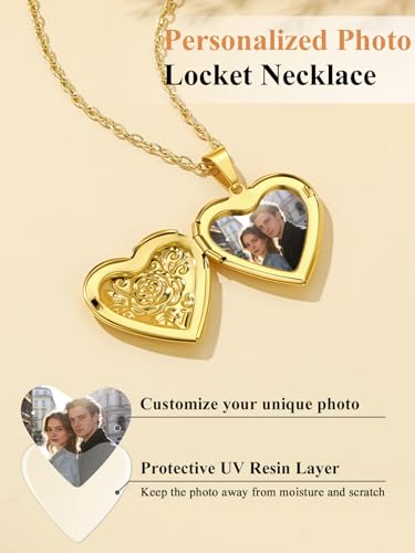 Custom4U Personalized Heart Locket Necklace with Pictures,Sunflower/Angel Wings/Heart Shaped Lockets Custom Photo,Gold/Rose Gold/White Lockets That Holds Picture,Customized Memorial Jewelry for Women - color: C-Heart-Gold(Locket + Photo + Engraving)