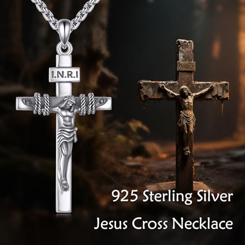 925 Sterling Silver Cross Necklace for Men & Women Crucifix Jesus/Cross Pendant with 22"+2" Stainless Steel Chain Jewelry Gift for Christmas, Father's Day, Mother's Day, Birthday-Gift Box Included - style: B06 Crucifix