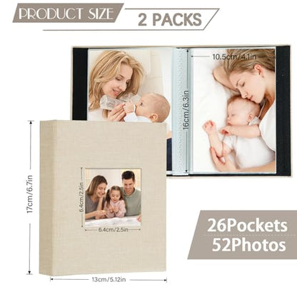 Artmag Mini Photo Album 4x6 50 Pockets 2 Pack, Linen Cover with Front Window Album Each Holds 52 Vertical Photos for Family Wedding Baby Children (Beige) - color: Beige, size: 50 Pockets/2PKS