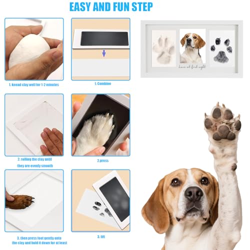 Paw Print Frame Kit, Cat/Dog Paw Print Kit, Dog Nose Print Kit, Soft Pawprint Clay&Clean Touch Ink Pad,Pet Paw Print Impression Kit with Customization Tool, Wooden Pet Memorial Frame, White - color: White