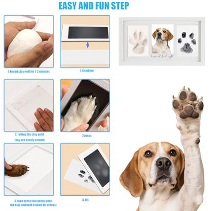 Paw Print Frame Kit, Cat/Dog Paw Print Kit, Dog Nose Print Kit, Soft Pawprint Clay&Clean Touch Ink Pad,Pet Paw Print Impression Kit with Customization Tool, Wooden Pet Memorial Frame, White - color: White