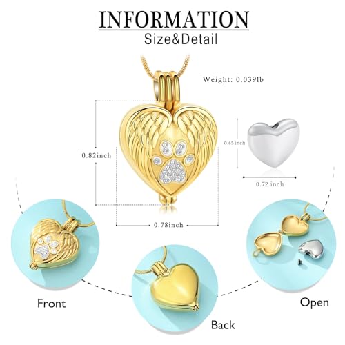 zeqingjw Pet Cremation Jewelry for Ashes Pendant Paw Print Pet Heart Urn Necklace Memorial Keepsake Jewelry for Pet/Dog's/Cat's Ashes - color: Wing Heart-Gold