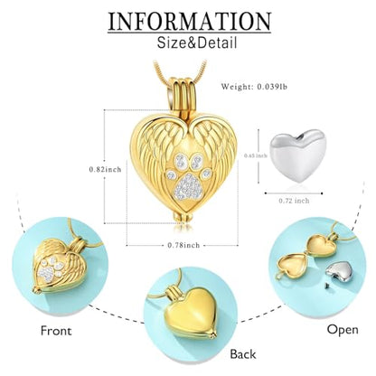 zeqingjw Pet Cremation Jewelry for Ashes Pendant Paw Print Pet Heart Urn Necklace Memorial Keepsake Jewelry for Pet/Dog's/Cat's Ashes - color: Wing Heart-Gold