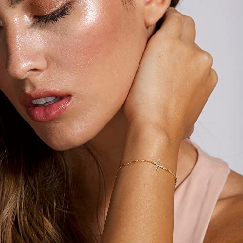 Moodear Cross Bracelet for Women, Dainty Sterling Silver/Gold Plated Gift | Christian Religious Gifts for Teen, Stocking Stuffers, Adjustable Link Bracelets, Sparkling CZ Cross, Non Tarnish Jewelry - color: CZ Gold Cross Bracelet