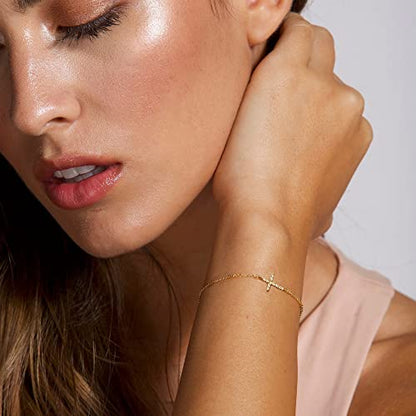 Moodear Cross Bracelet for Women, Dainty Sterling Silver/Gold Plated Gift | Christian Religious Gifts for Teen, Stocking Stuffers, Adjustable Link Bracelets, Sparkling CZ Cross, Non Tarnish Jewelry - color: CZ Gold Cross Bracelet